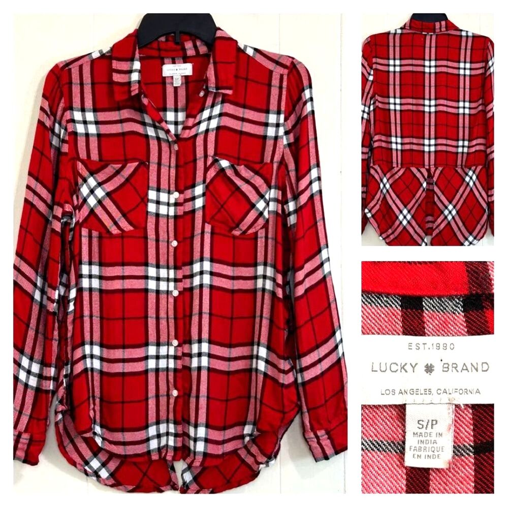Lucky Brand Button Shirt Size Small Red Plaid Long Sleeve Button Down Shirt Top